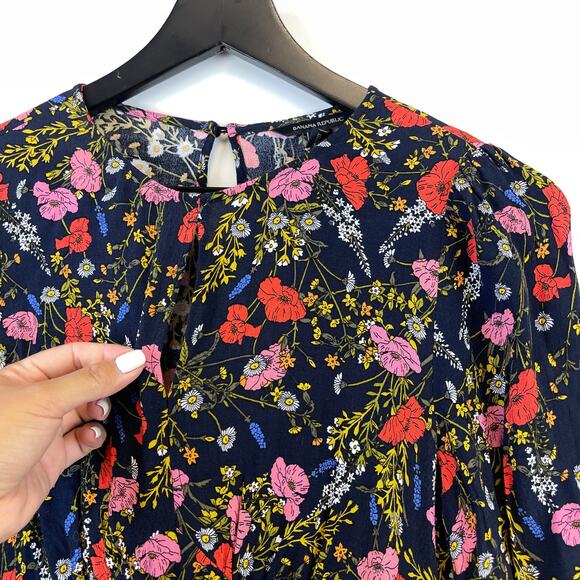 Banana Republic Size 0 Floral Mini LS Fit & Flare Empire Waist Dress Pink Red - Picture 3 of 13